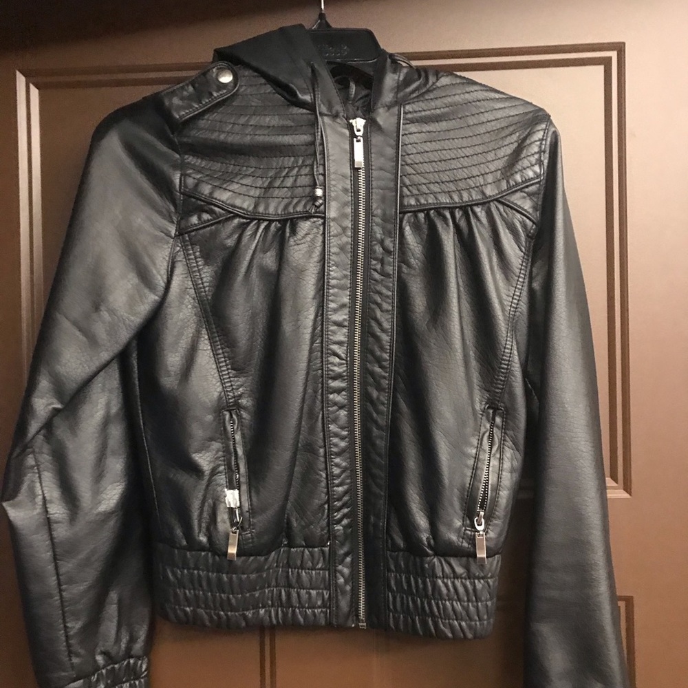 Black Leather Jacket w Hood